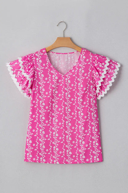 Pink Floral Print Ric-rac Tiered Ruffled V Neck Blouse