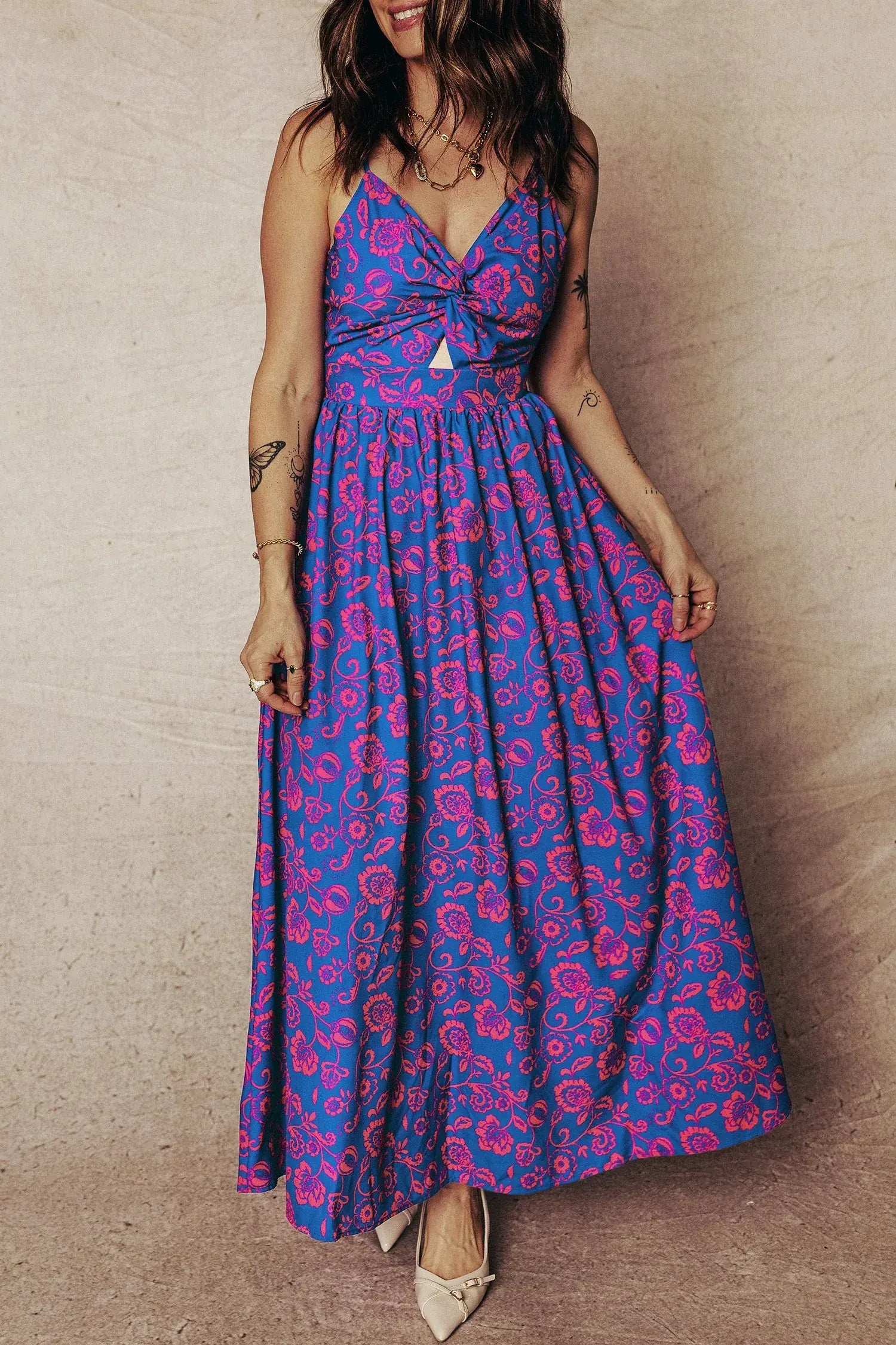 Blue Floral Print Twisted V Neck Tied Backless Maxi Dress - Sweet Fashion Wholesale