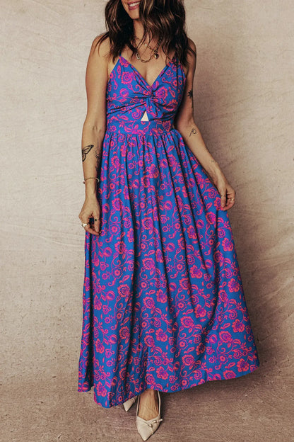 Blue Floral Print Twisted V Neck Tied Backless Maxi Dress - Sweet Fashion Wholesale