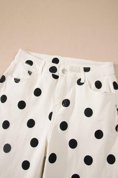 White Polka Dot Print Wide Leg Ankle-Length Jeans
