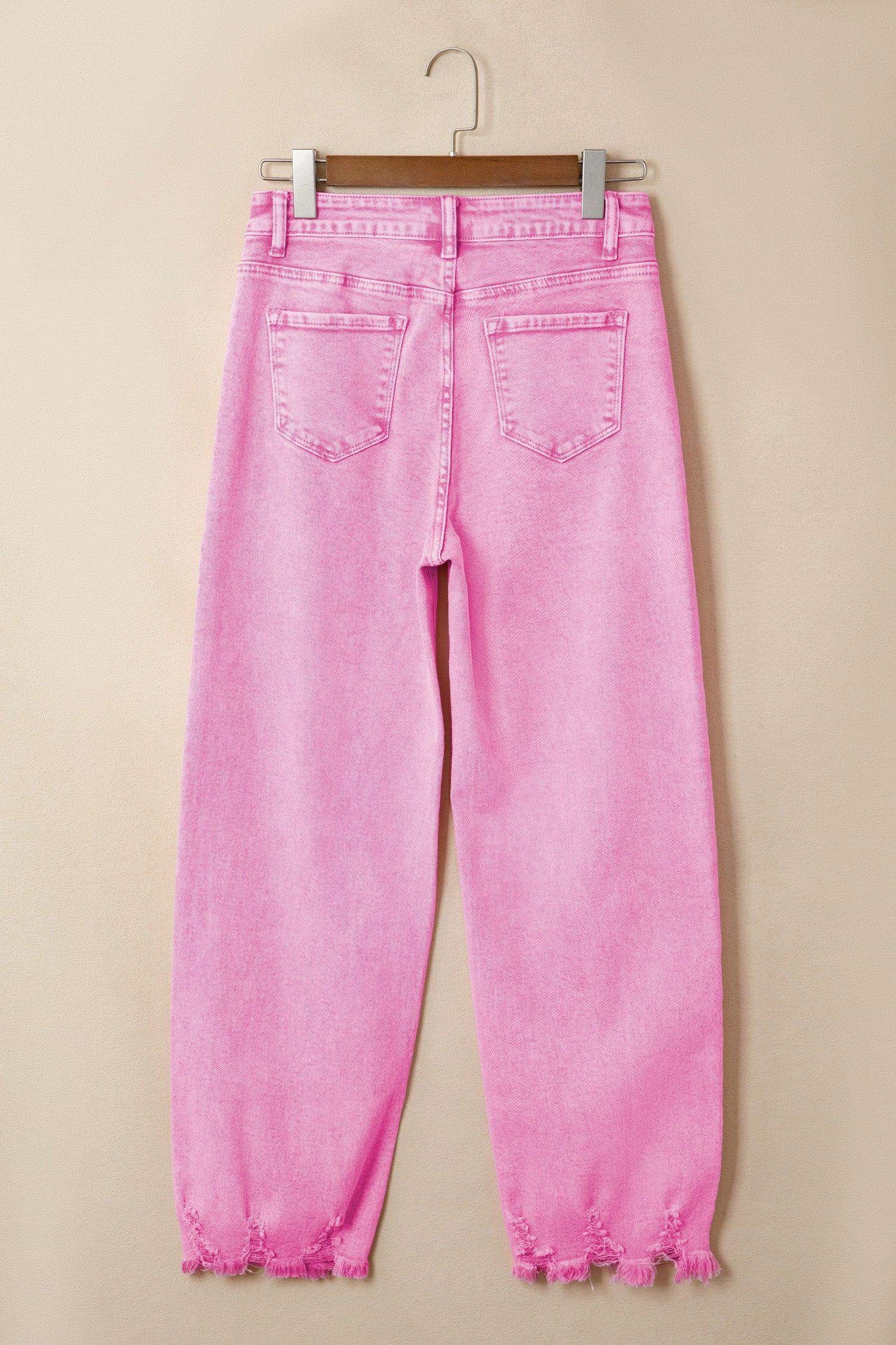 Pink Acid Wash High Waist Uneven Raw Hem Shift Jeans - Sweet Fashion Wholesale