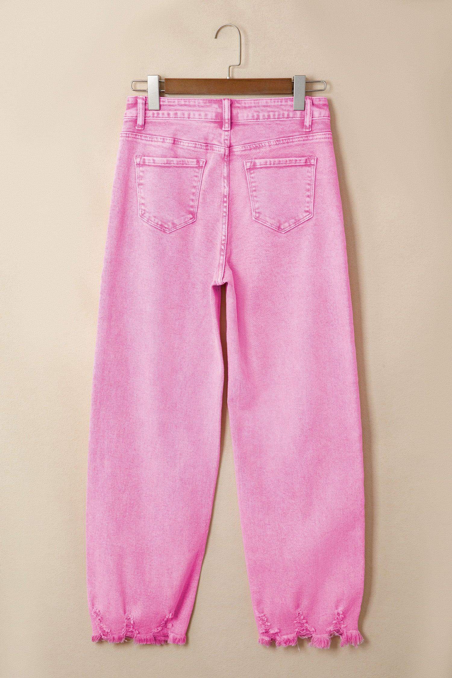 Pink Acid Wash High Waist Uneven Raw Hem Shift Jeans - Sweet Fashion Wholesale