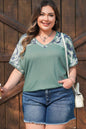 Mist Green Ribbed Camouflage Patchwork Plus Size V Neck Tee - Sweet Fashion Wholesale