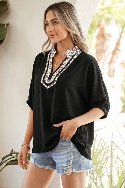 Black Dolman Half Sleeve Leopard Patchwork Trim V Neck Blouse - Sweet Fashion Wholesale