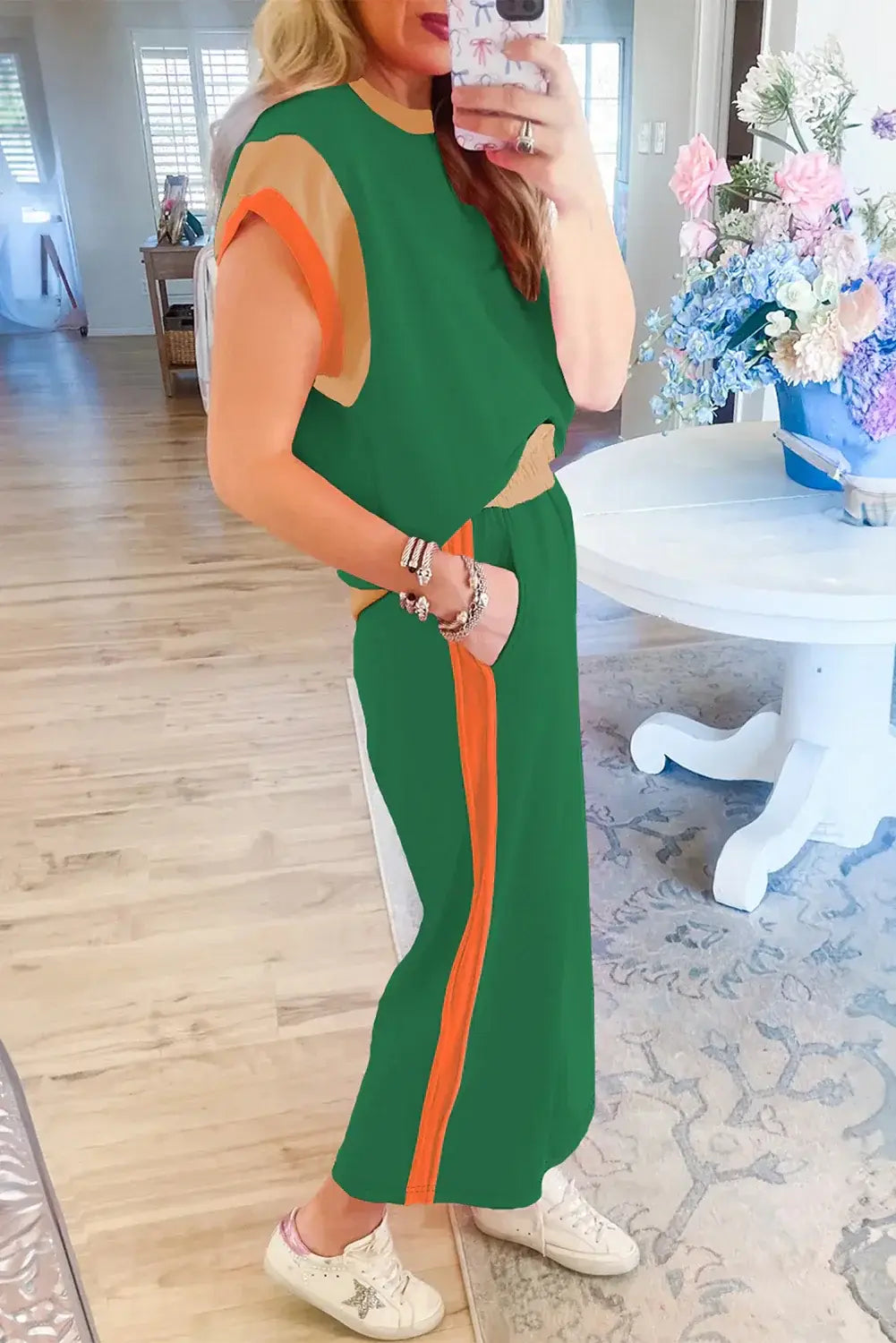 Dark Green Color Block Detail Casual Two-piece Set - Sweet Fashion Wholesale