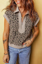Beige Zip up Collared Leopard Cap Sleeve Top - Sweet Fashion Wholesale