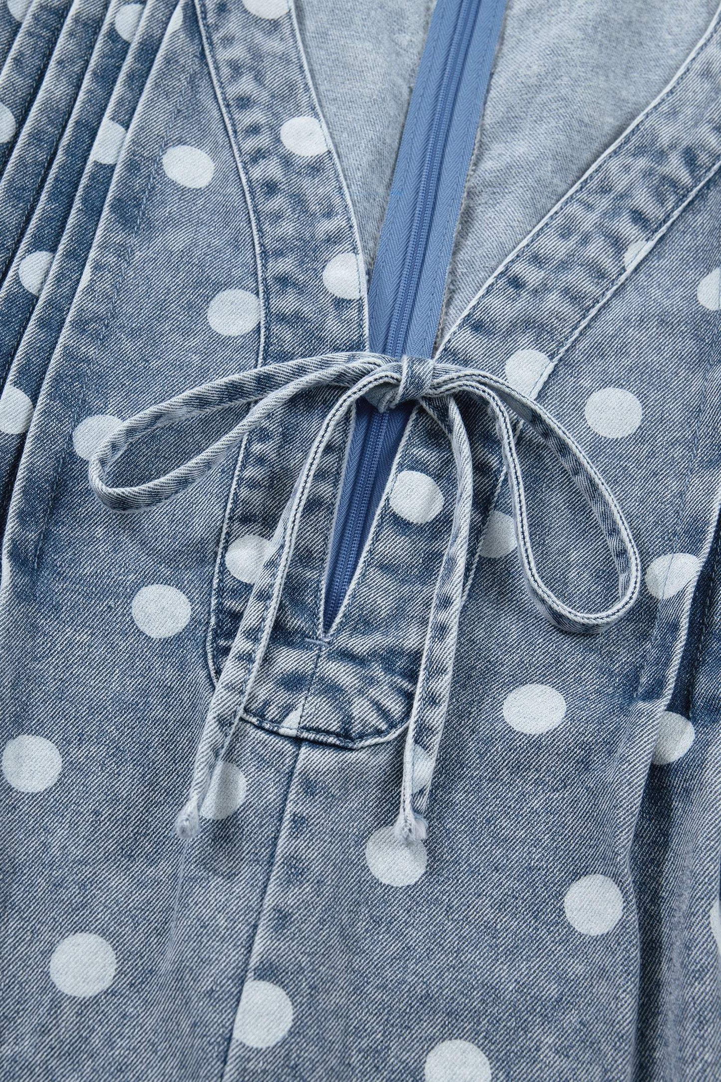 Sky Blue Polka Dot Print Tie V Neck Pleated Loose Denim Romper