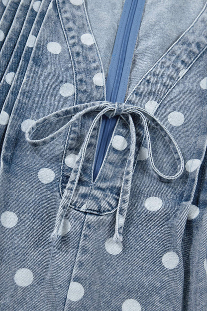 Sky Blue Polka Dot Print Tie V Neck Pleated Loose Denim Romper