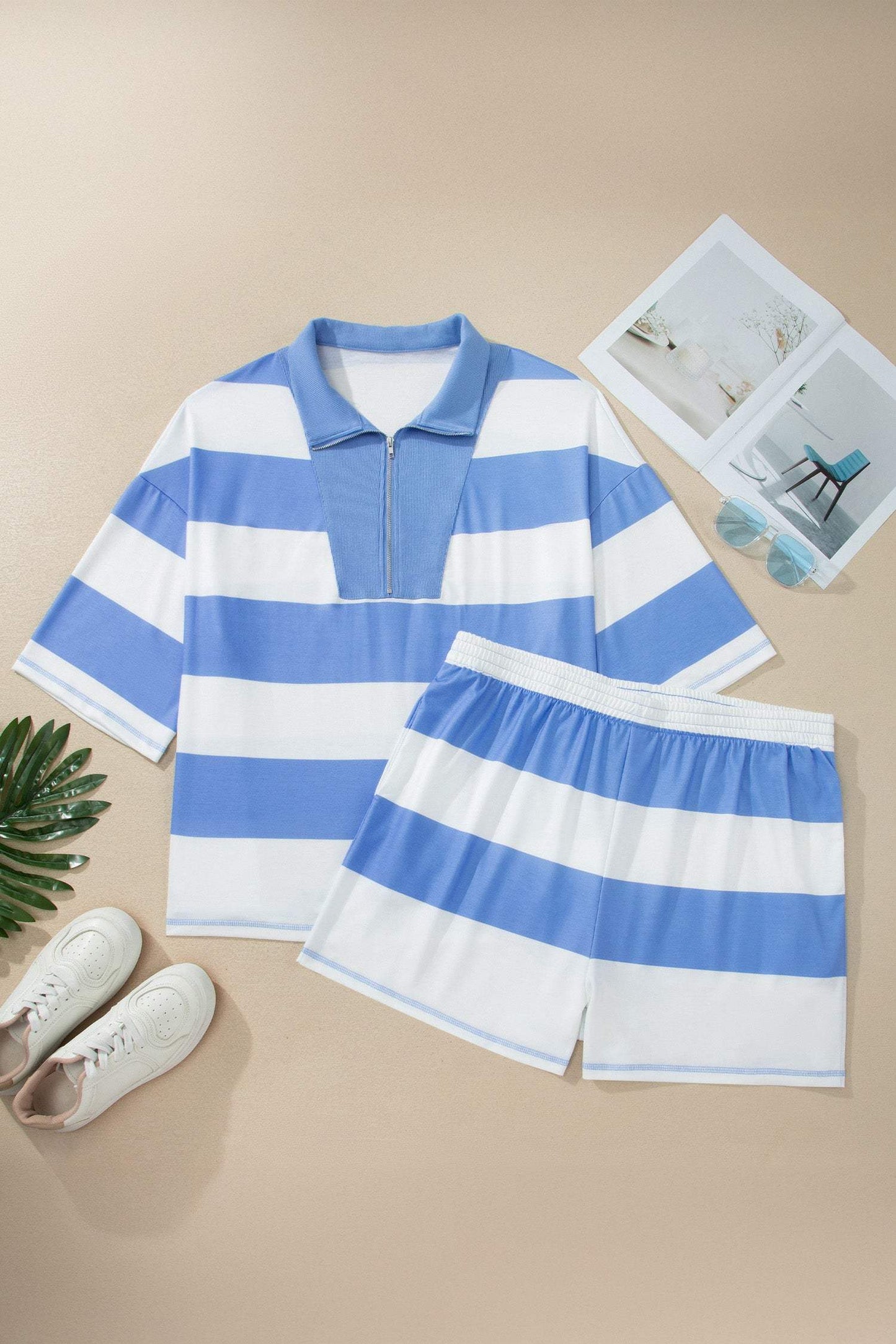 Sky Blue Stripe Drop Shoulder Zipped Collar T Shirt Plus Size Shorts Set