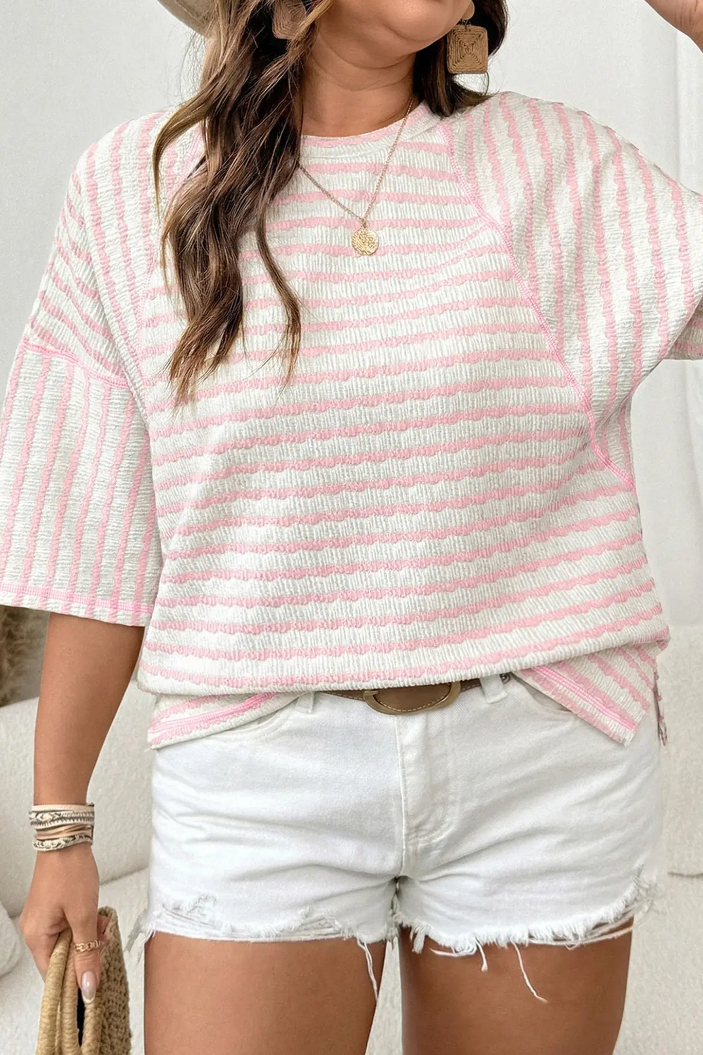 Apricot Stripe Plus Size Textured Patchwork Detail Half Sleeve Top - Sweet Fashion Wholesale