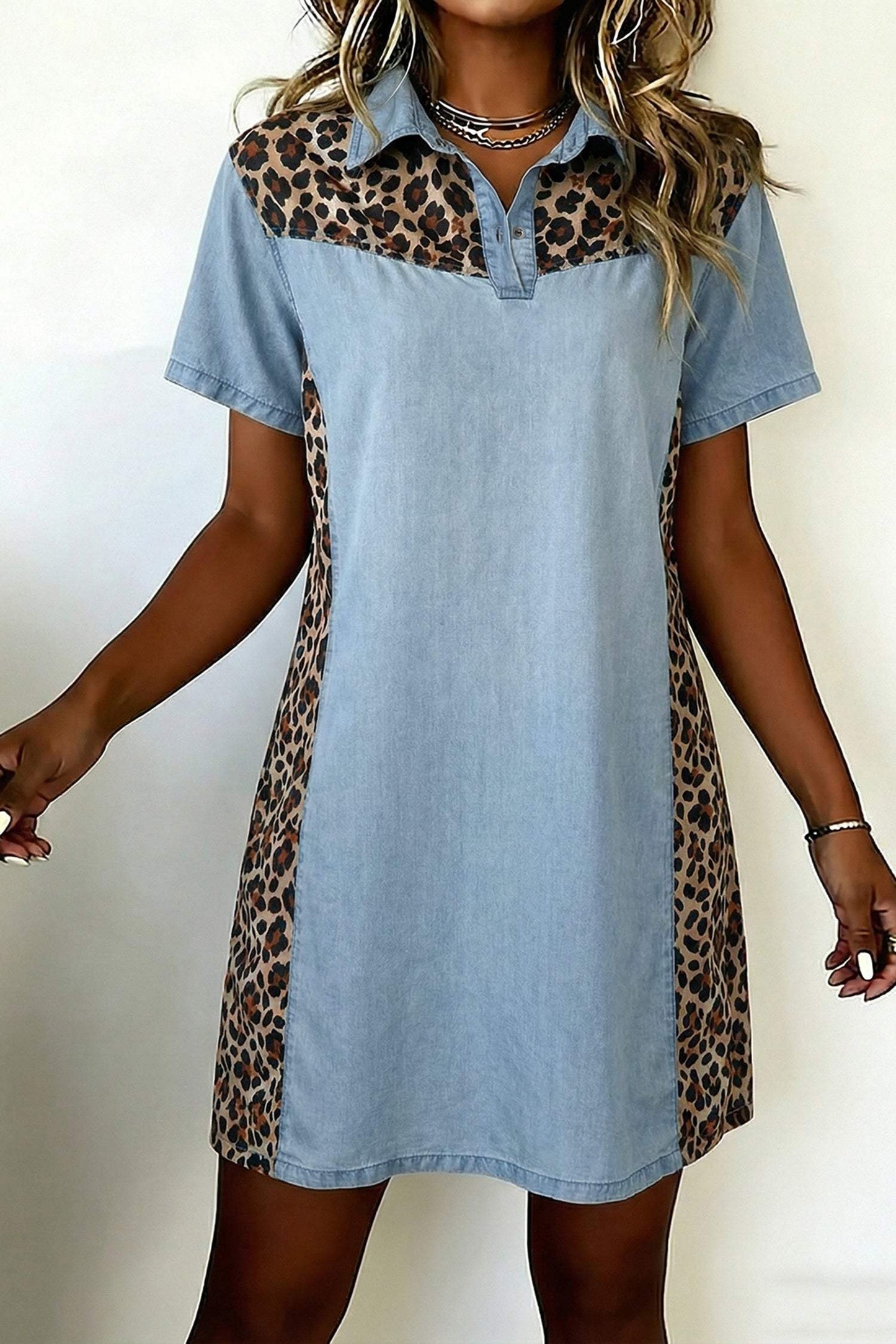 Myosotis Denim Color Block Leopard Patchwork Shirt Collar T Shirt Mini Dress