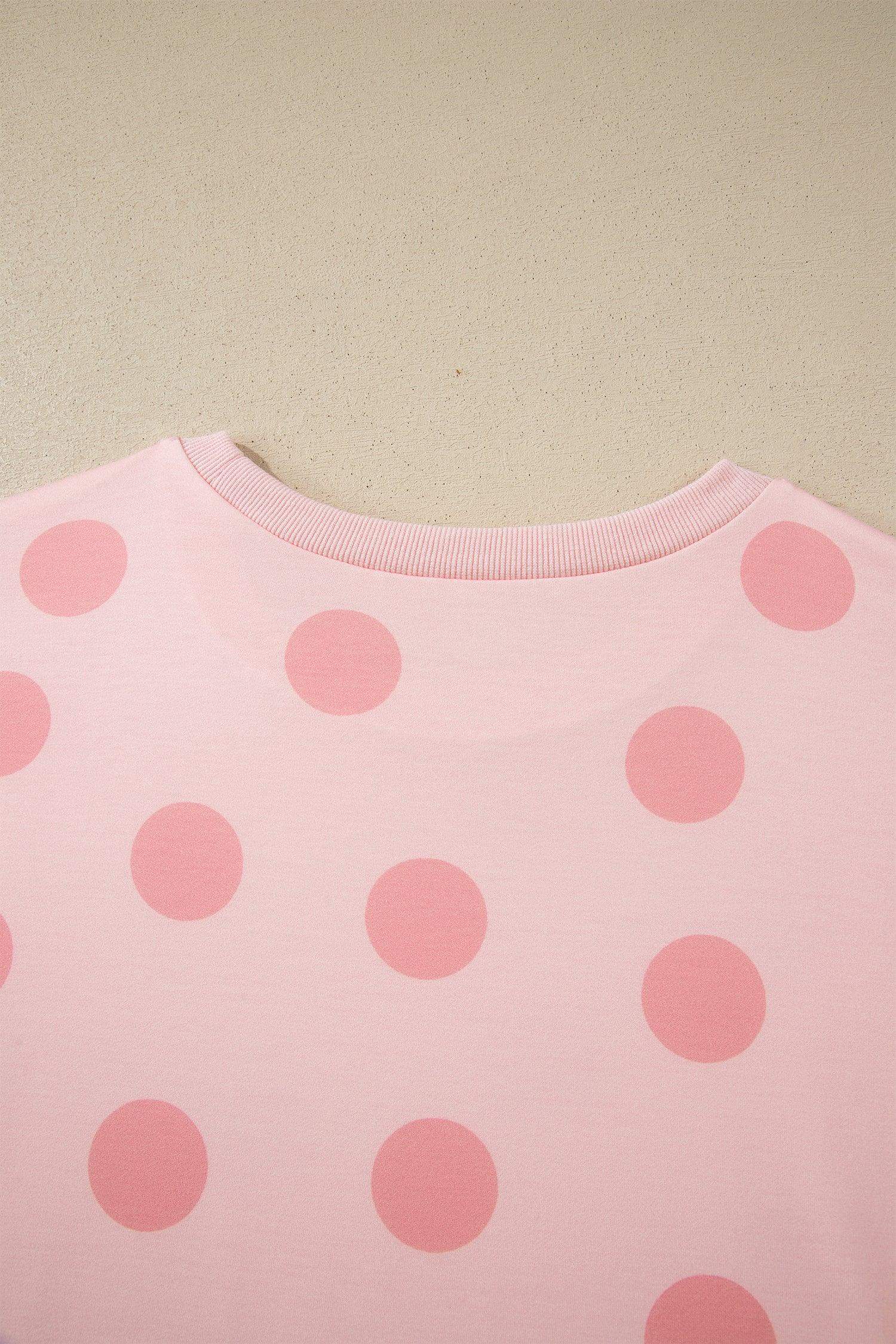 Pink Polka Dot Print Loose Tee Drawstring Elastic Waist Short Set - Sweet Fashion Wholesale