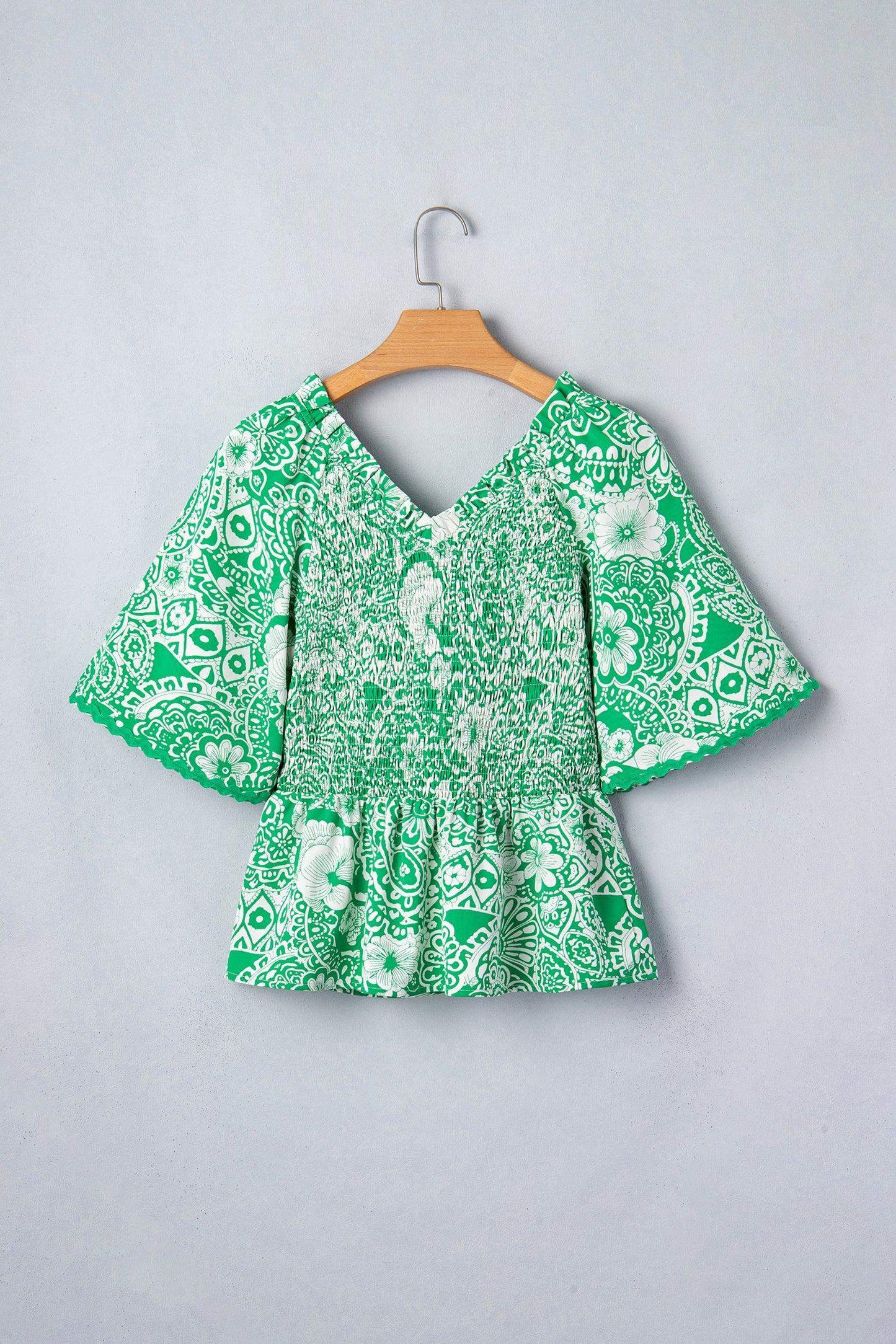 Green Flirty Floral Smocked V Neck Blouse - Sweet Fashion Wholesale
