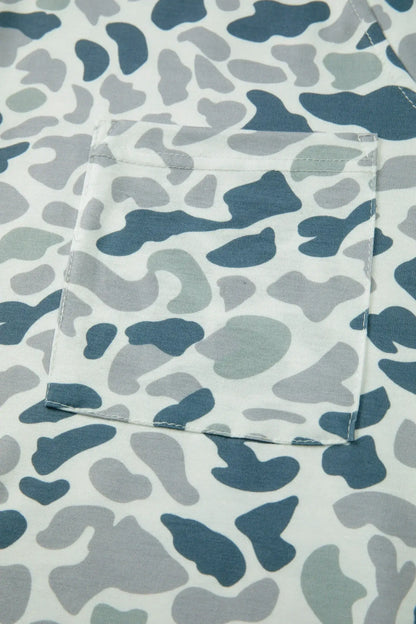 Gray Camouflage Print Single Chest Pocket V Neck Tee - Sweet Fashion Wholesale