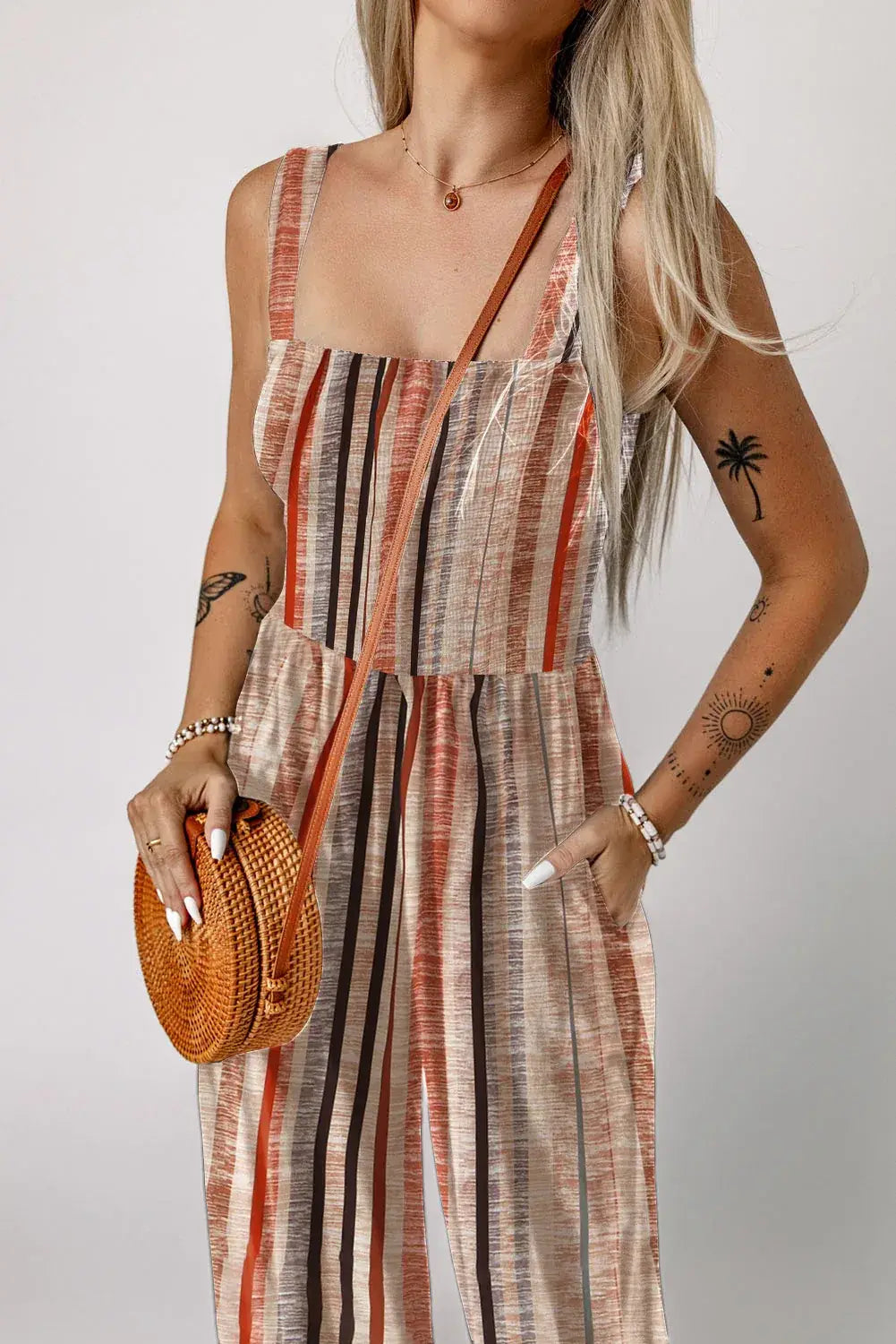 Yellow Stripe Square Neck Sleeveless Smocked Bodice Wide Leg Jumpsuit - Sweet Fashion Wholesale