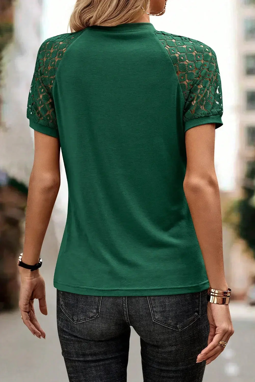 Navy Blue Seamed Detail Contrast Lace Raglan Sleeve Tee - Sweet Fashion Wholesale