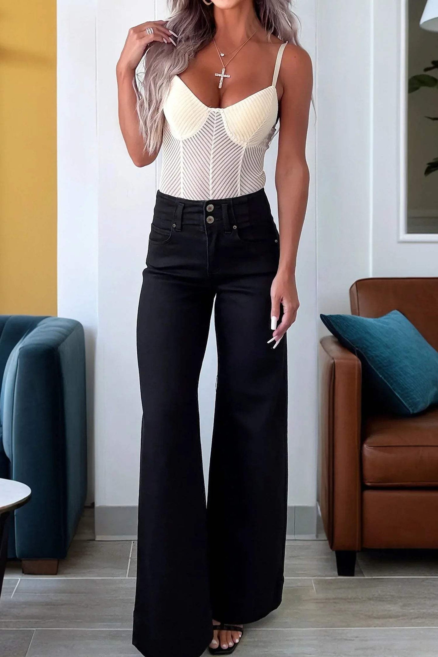 Mist Green 2-Button High Waist Wide Leg Jeans - Sweet Fashion Wholesale