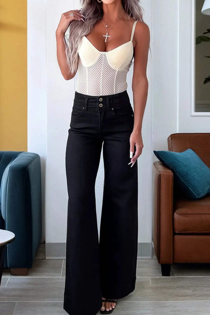 Mist Green 2-Button High Waist Wide Leg Jeans - Sweet Fashion Wholesale