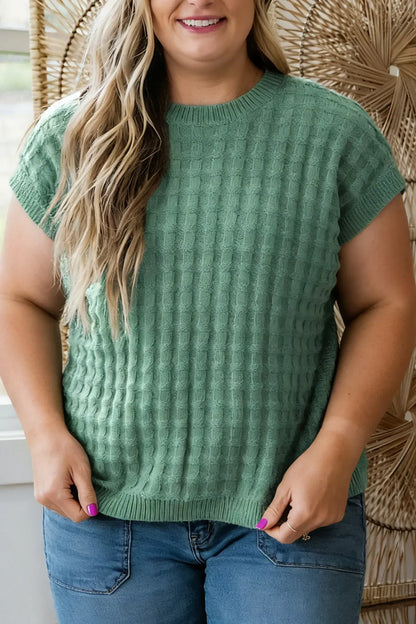 Mist Green Plus Size Solid Color Textured Knit Short Sleeve Sweater - Sweet Fashion Wholesale