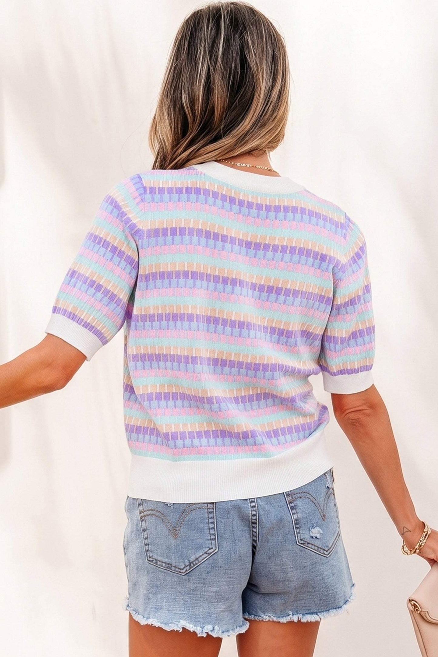 Orange Abstract Striped Knit Short Sleeve Sweater