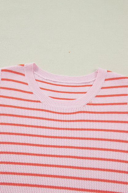 Pink Stripe Textured Knit Sleeveless Casual Sweater Top