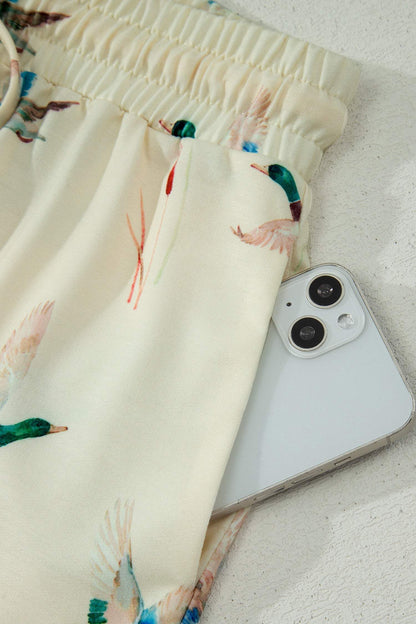 Beige Mallard Duck Print Oversized Tee Drawstring Short Set