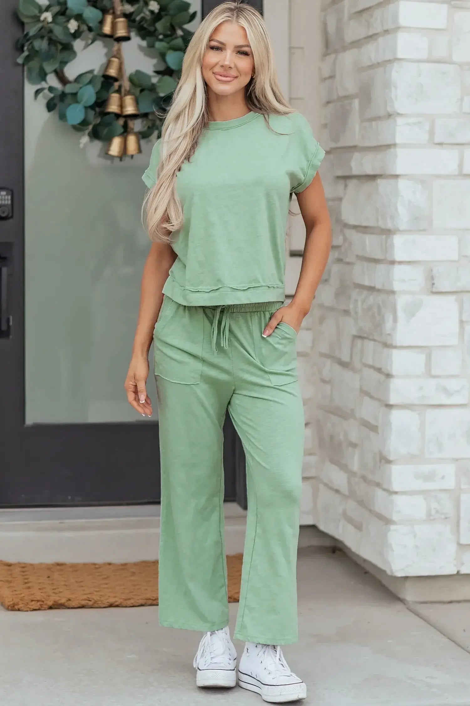 Canton Cuffed Short Sleeve Tee Raw Seam Patch Pocket Drawstring Pants Set - Sweet Fashion Wholesale
