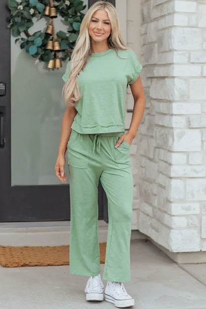 Canton Cuffed Short Sleeve Tee Raw Seam Patch Pocket Drawstring Pants Set - Sweet Fashion Wholesale