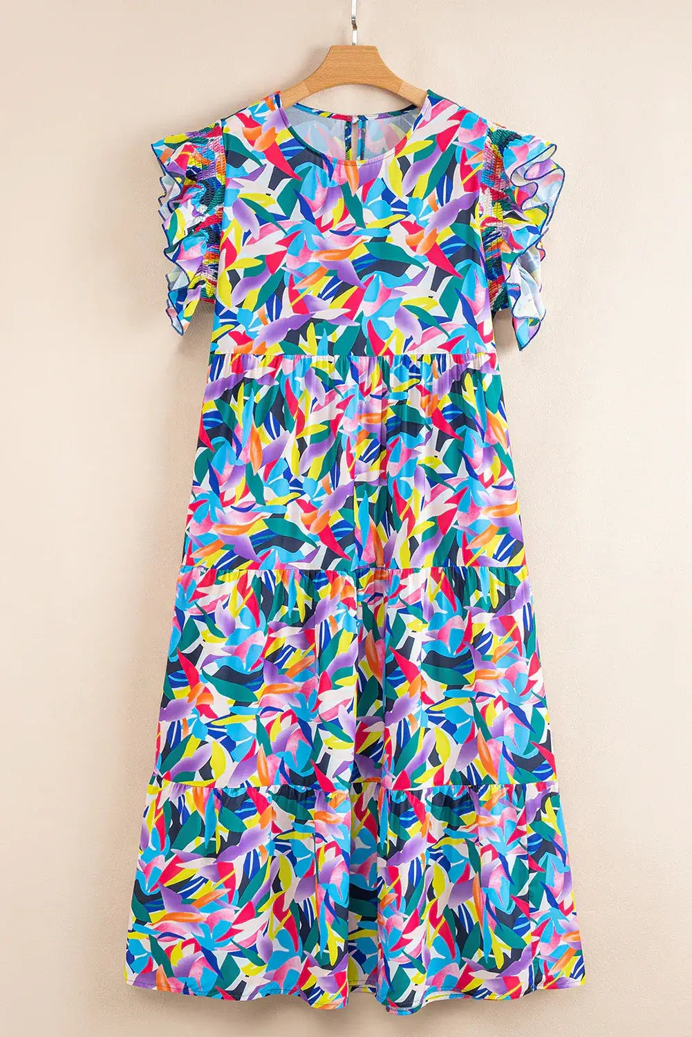 Blue Geometric Print Ruffled Short Sleeve Plus Size Tiered Maxi Dress