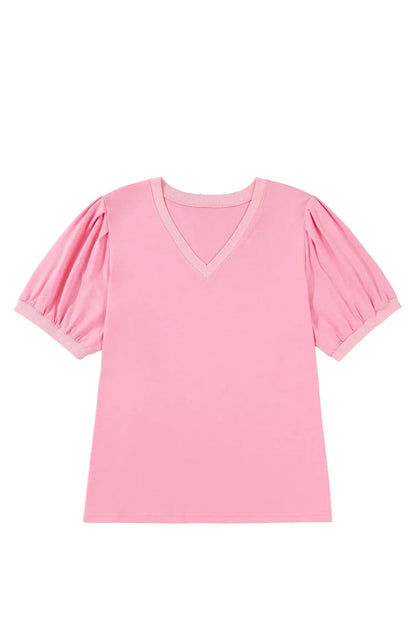 Bonbon V Neck Pleated Short Puff Sleeve Plus Size Blouse - Sweet Fashion Wholesale