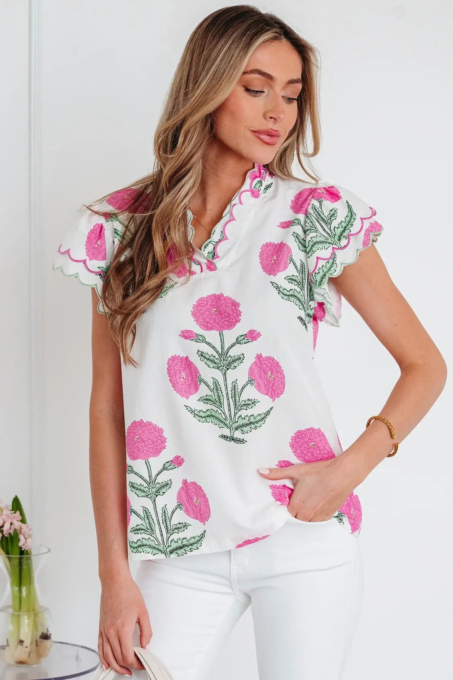 Blue Wild Flower Print Contrast Trim Scallop Detail Short Sleeve Blouse - Sweet Fashion Wholesale