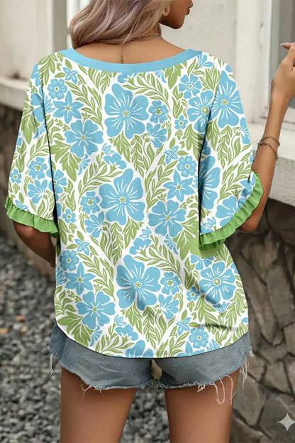 Sky Blue Floral Print Ruffled Color Block Trim Half Sleeve Blouse