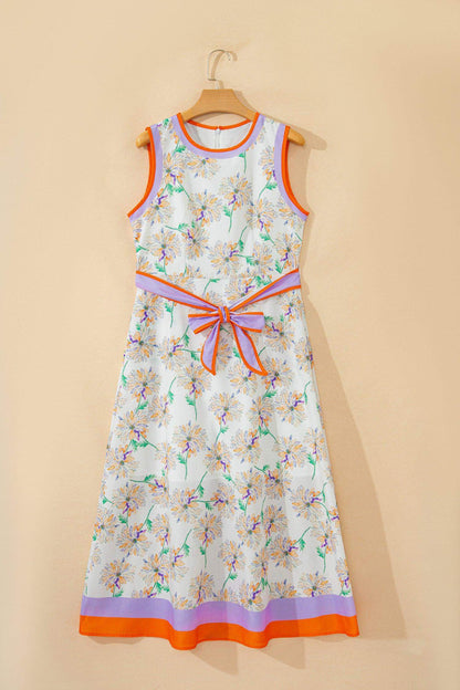 White Floral Print Color Block Trim Belted Sleeveless Maxi Dress