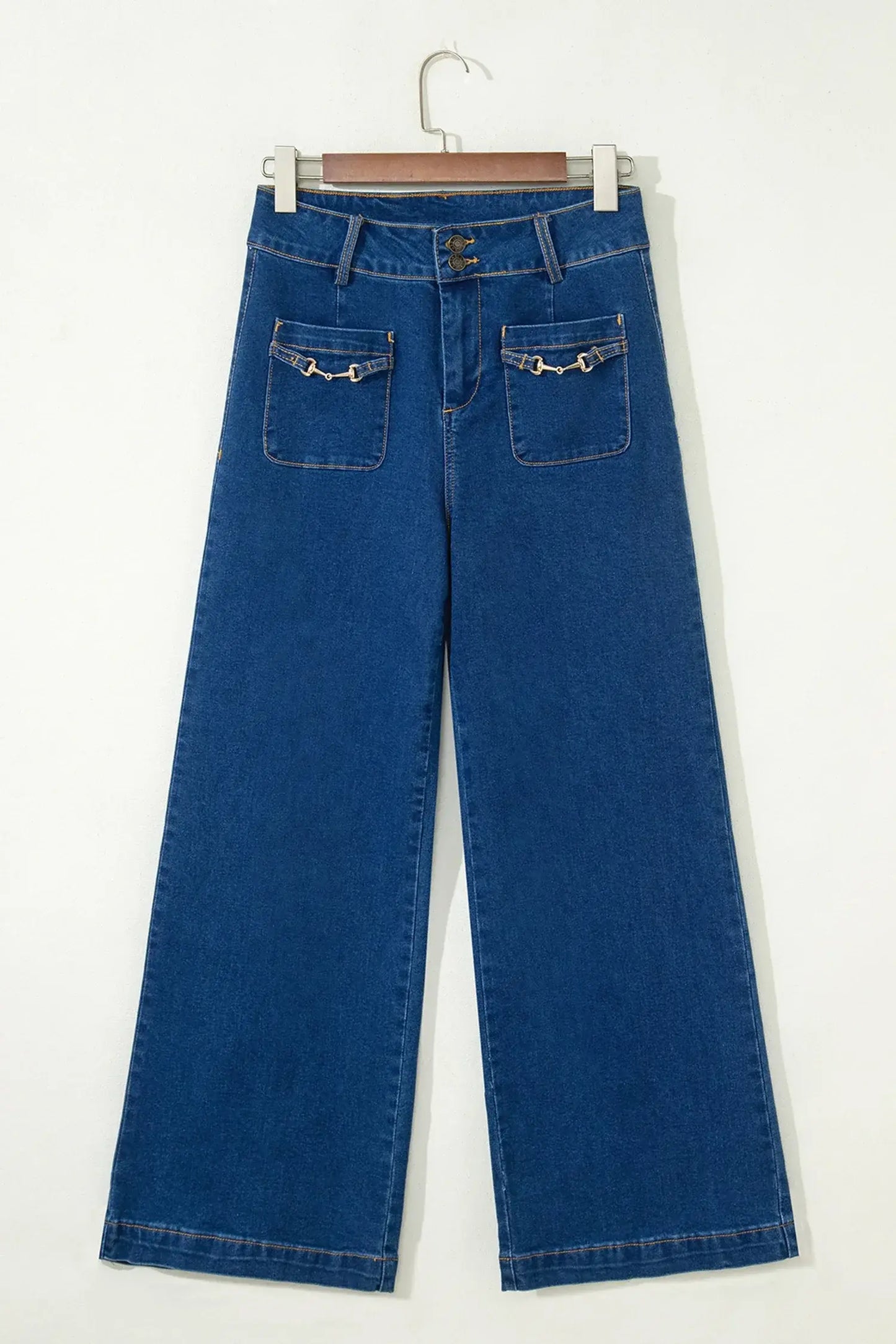 Sail Blue Hardware Decor Patched Pockets Wide Leg Denim Pants - Sweet Fashion Wholesale