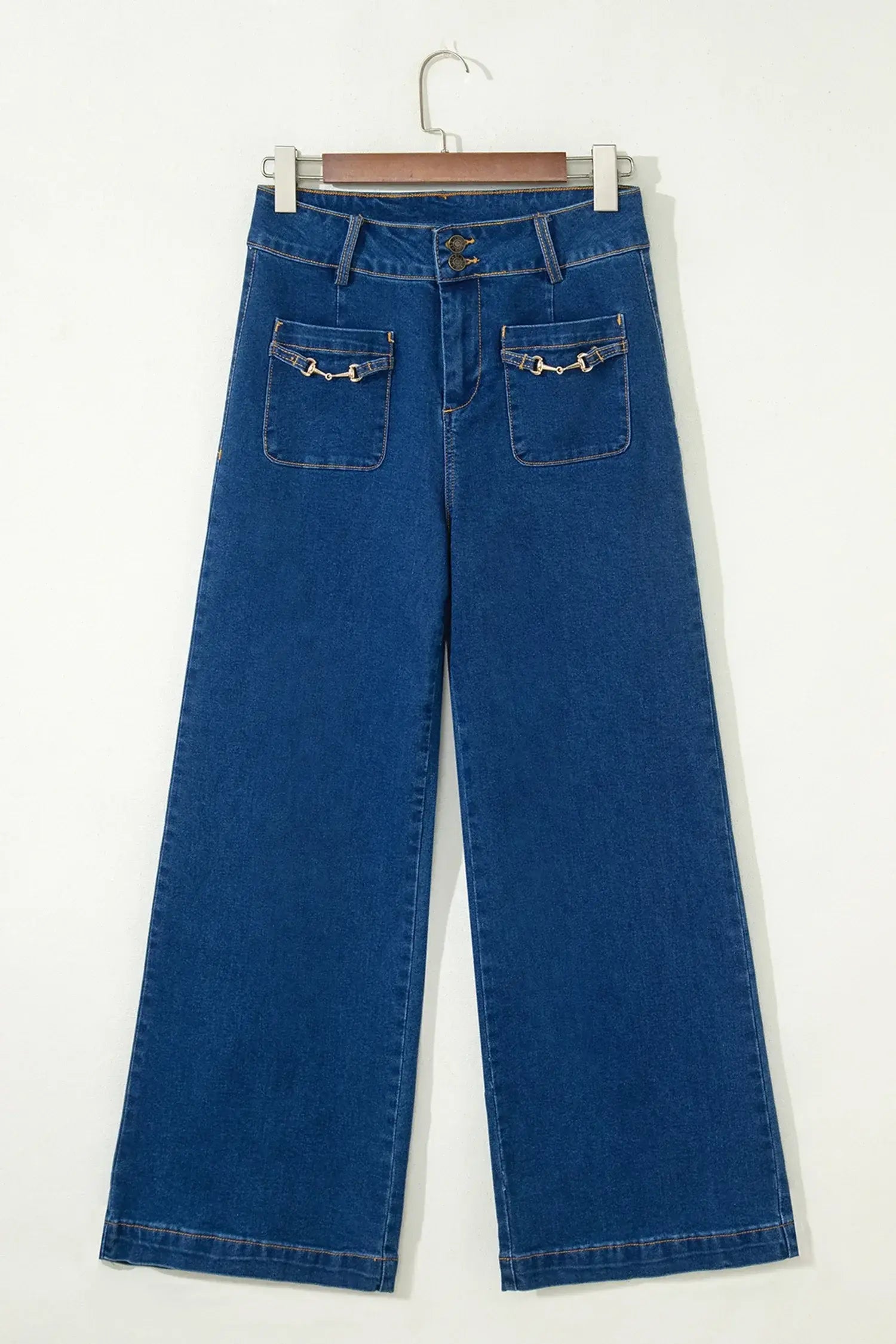 Sail Blue Hardware Decor Patched Pockets Wide Leg Denim Pants - Sweet Fashion Wholesale