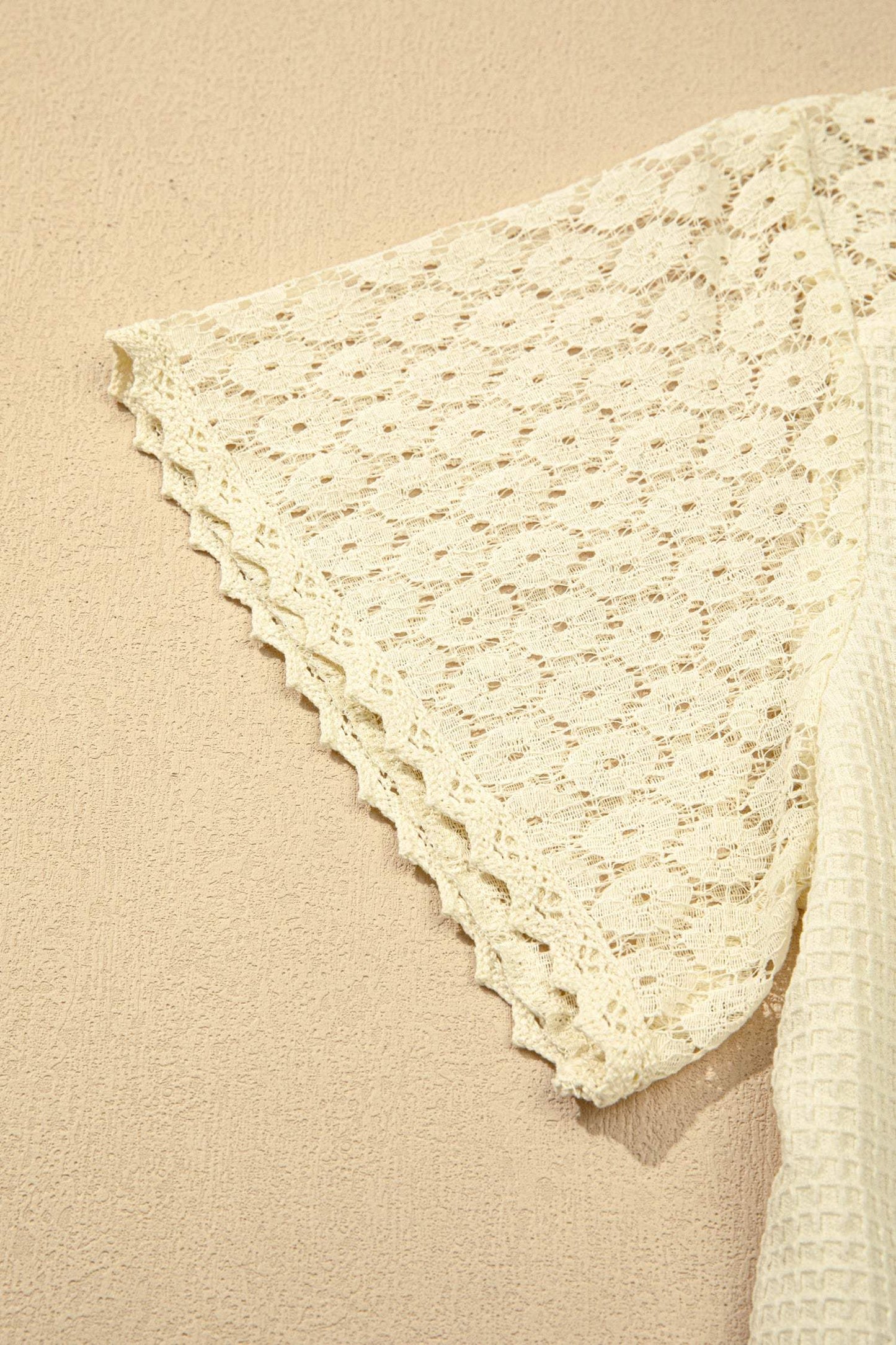 Beige Lace Splicing Button Cutout V Neck Waffle Knit Blouse