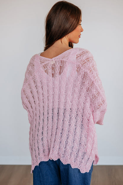 Pink Drop Shoulder Crochet Knit Open Front Sweater Cardigan