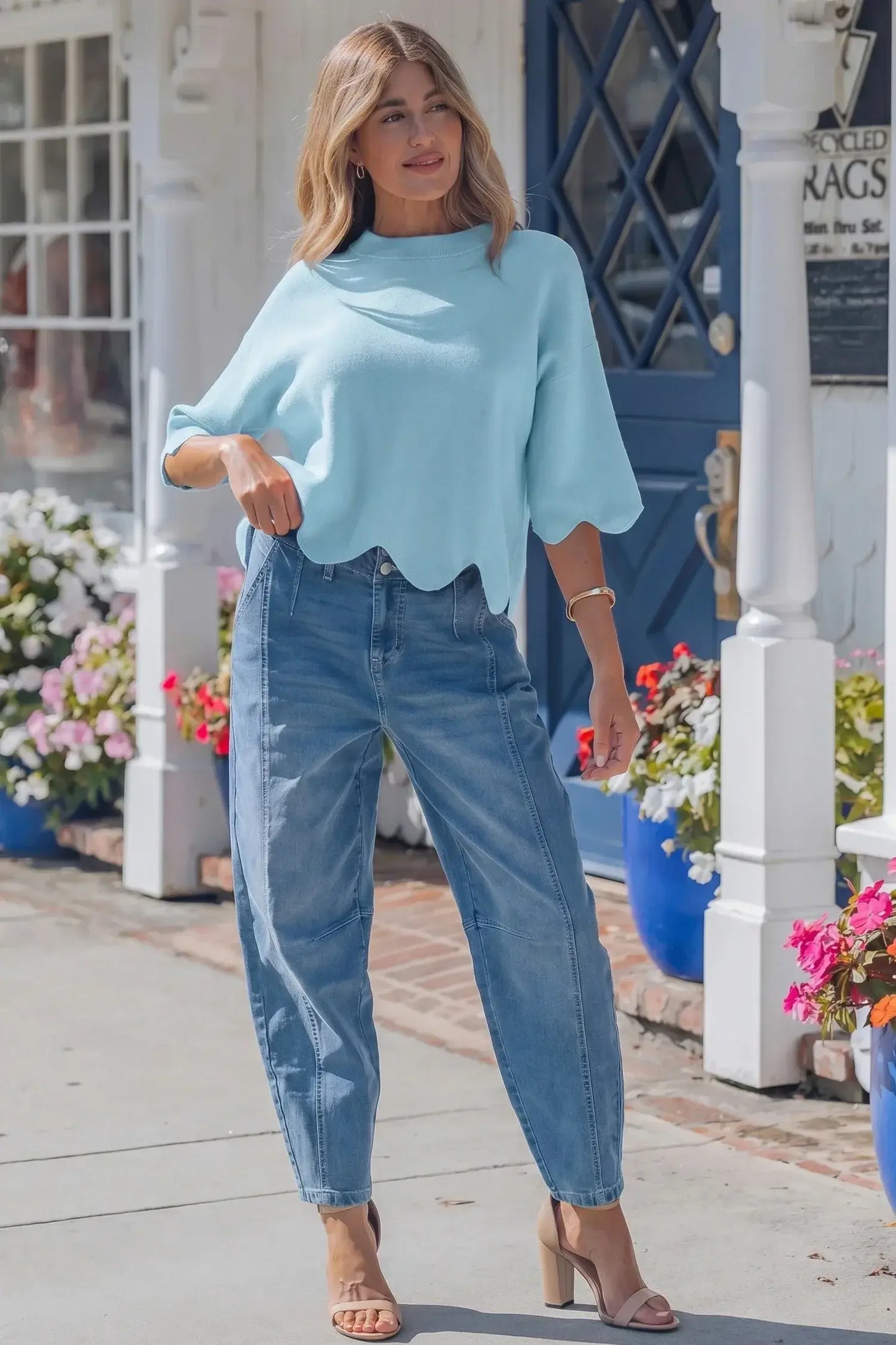 Myosotis Scalloped Hem 3/4 Sleeve Sweater Top - Sweet Fashion Wholesale