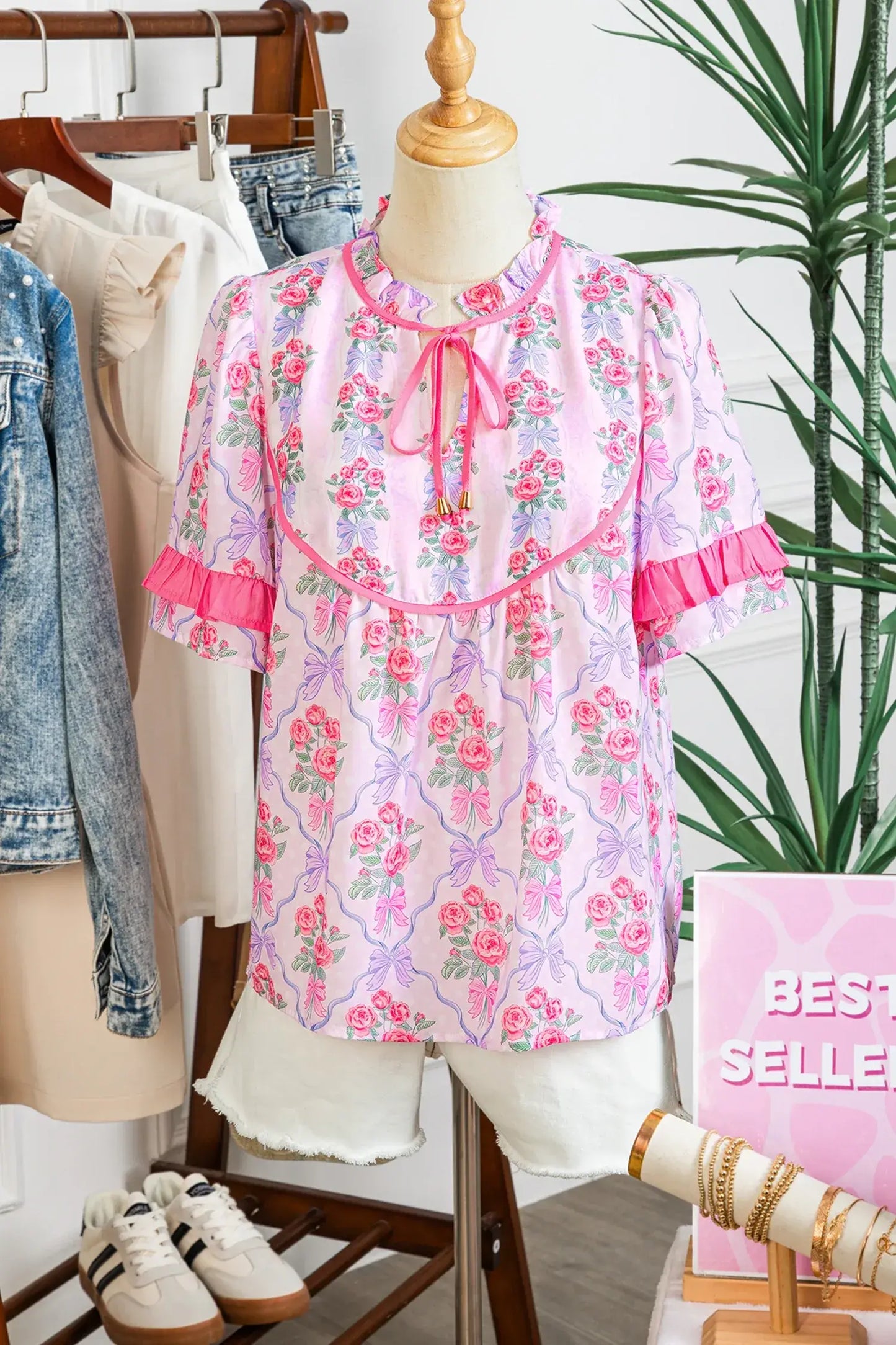 Purple Coquette Floral Bow Printed Contrast Ruffled Short Sleeve Blouse - Sweet Fashion Wholesale
