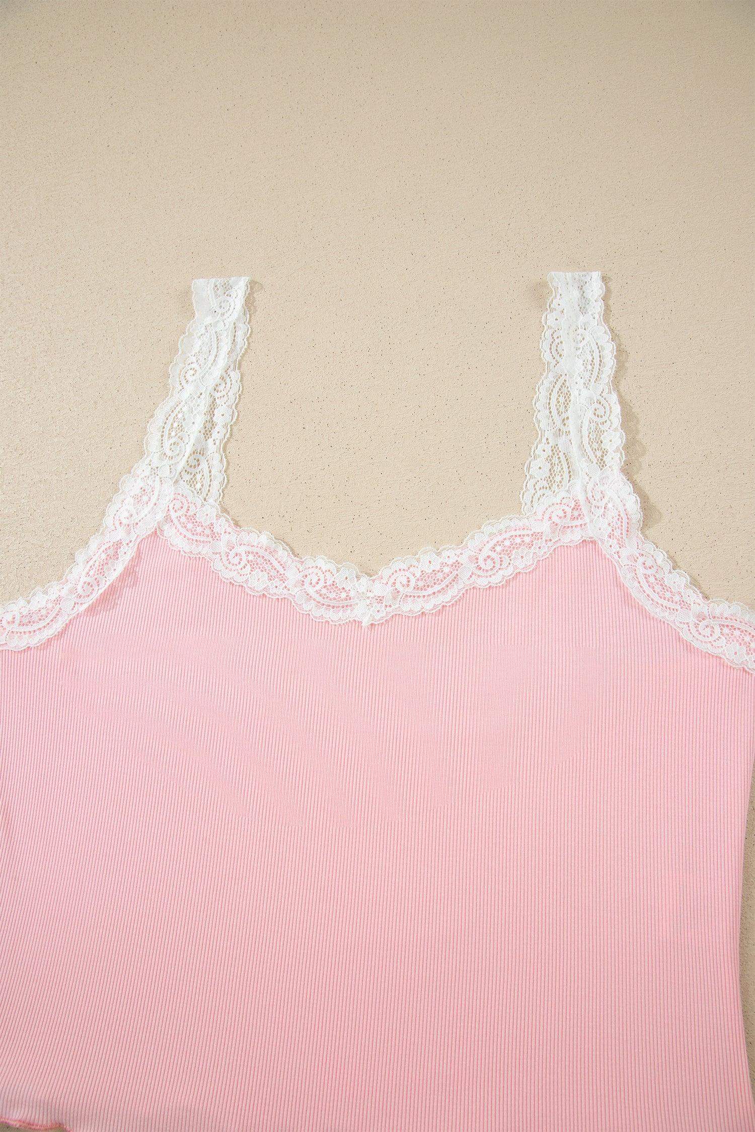 Pink Ribbed Knit Lace Straps Patchwork Lettuce Hem Cropped Top Floral Short Lounge Set - Sweet Fashion Wholesale
