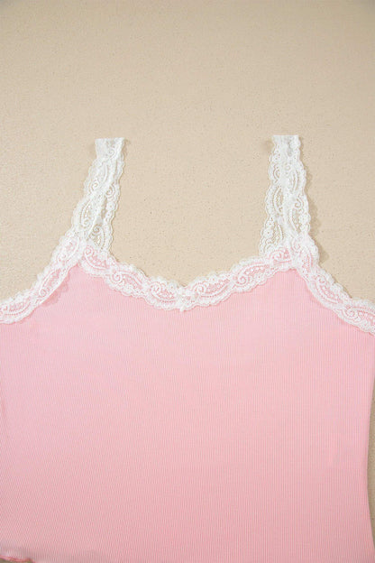Pink Ribbed Knit Lace Straps Patchwork Lettuce Hem Cropped Top Floral Short Lounge Set - Sweet Fashion Wholesale
