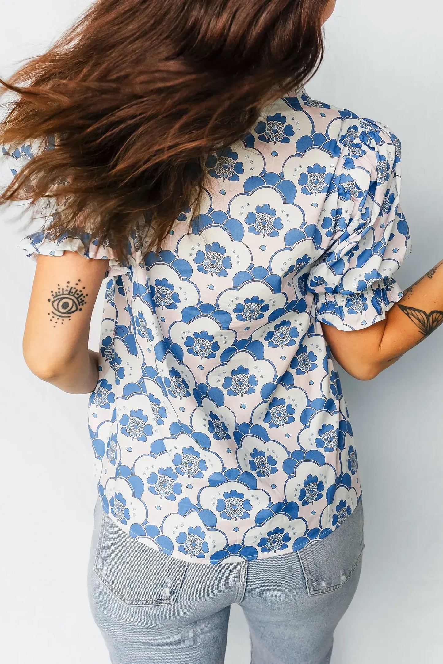 Sky Blue Floral Print Flounced Short Sleeve Contrast Trim V Neck Blouse - Sweet Fashion Wholesale