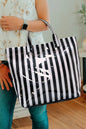 Blackish Green Glossy Striped Vinyl Large Tote Bag