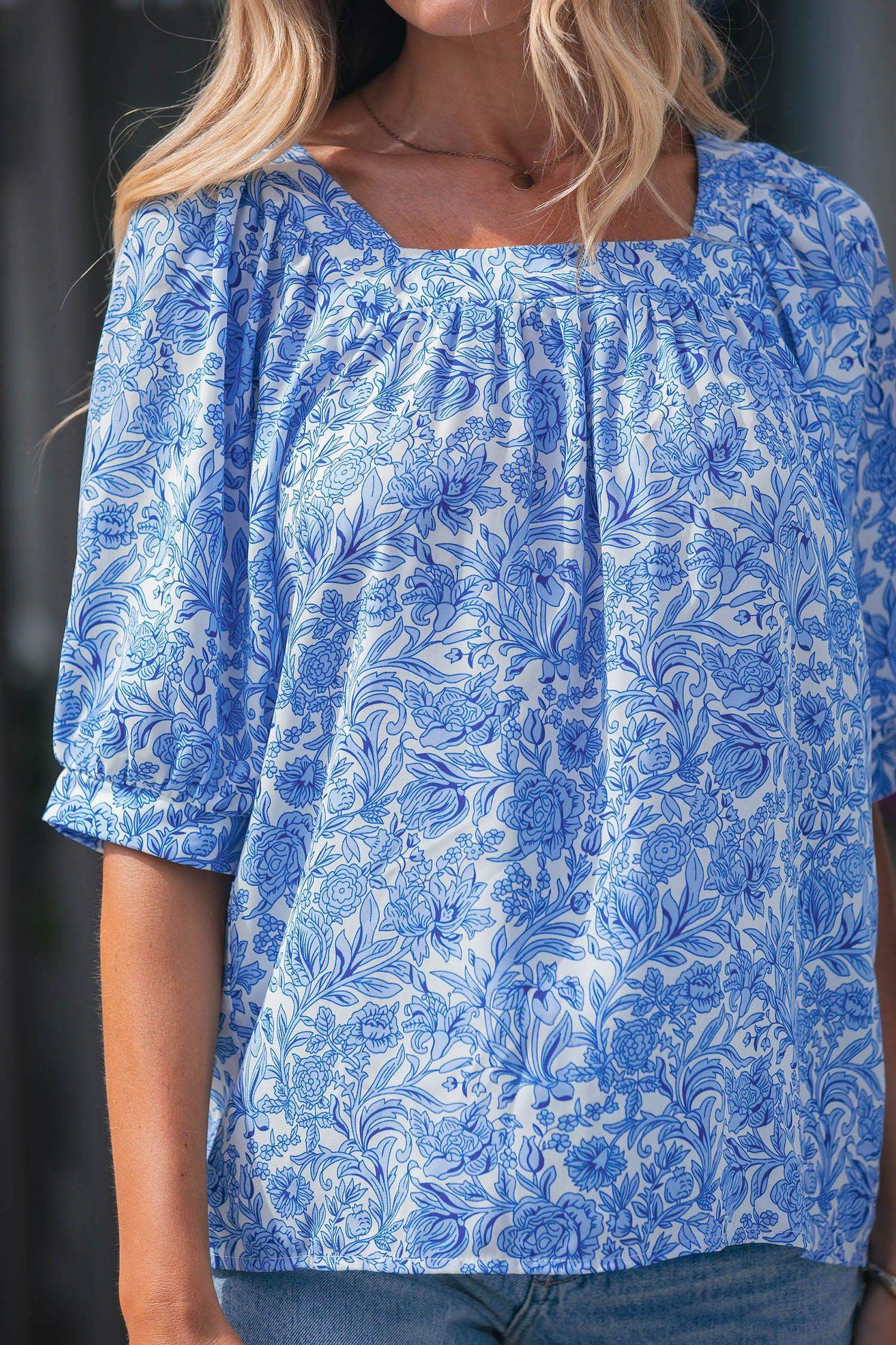 Sky Blue Square Neck Short Puff Sleeve Pleated Floral Blouse - Sweet Fashion Wholesale