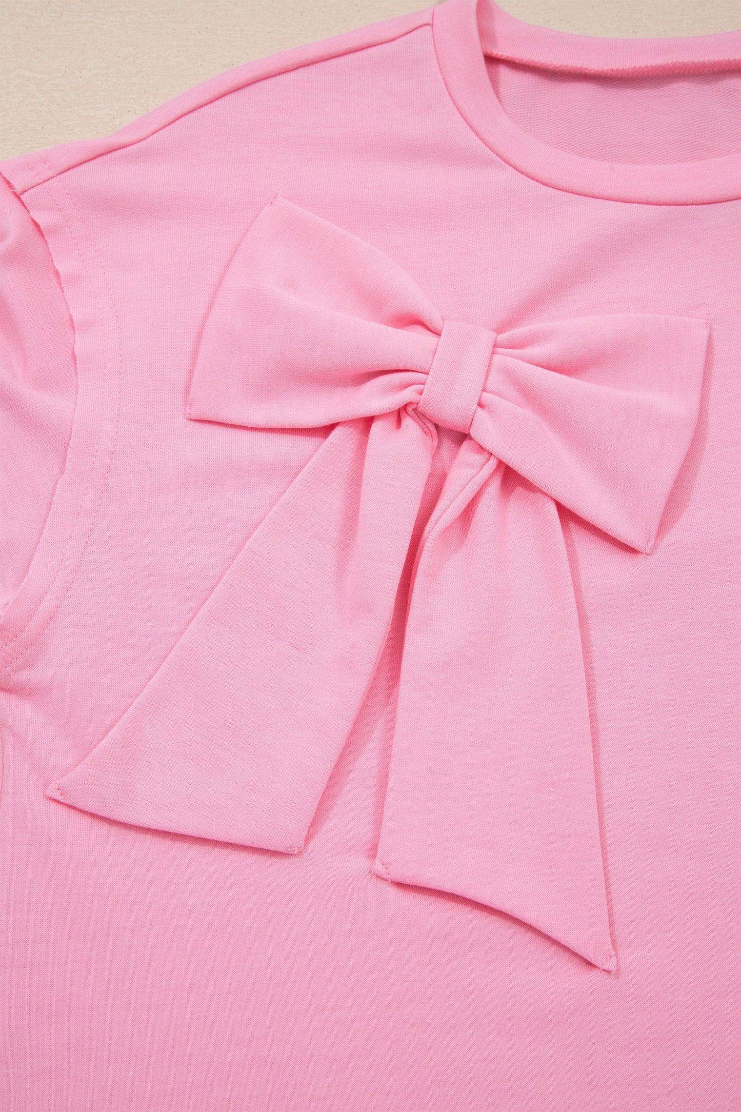 Pink Solid Color Raw Edge Bow Patch Loose T Shirt - Sweet Fashion Wholesale