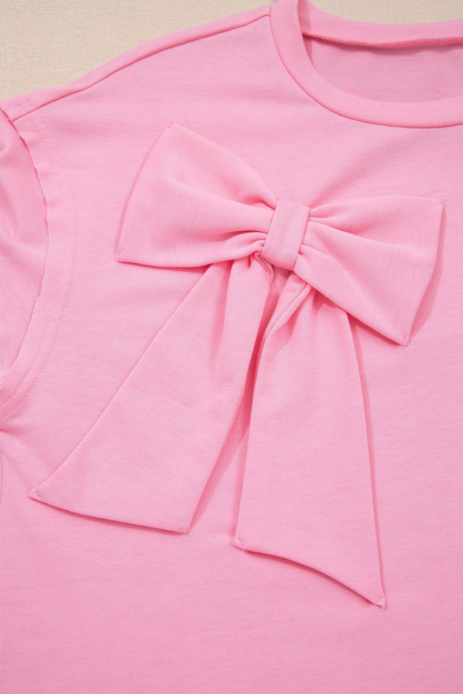 Pink Solid Color Raw Edge Bow Patch Loose T Shirt - Sweet Fashion Wholesale