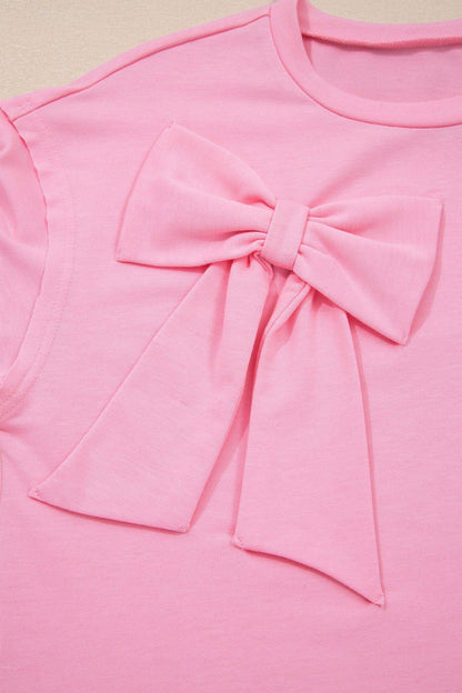 Pink Solid Color Raw Edge Bow Patch Loose T Shirt - Sweet Fashion Wholesale