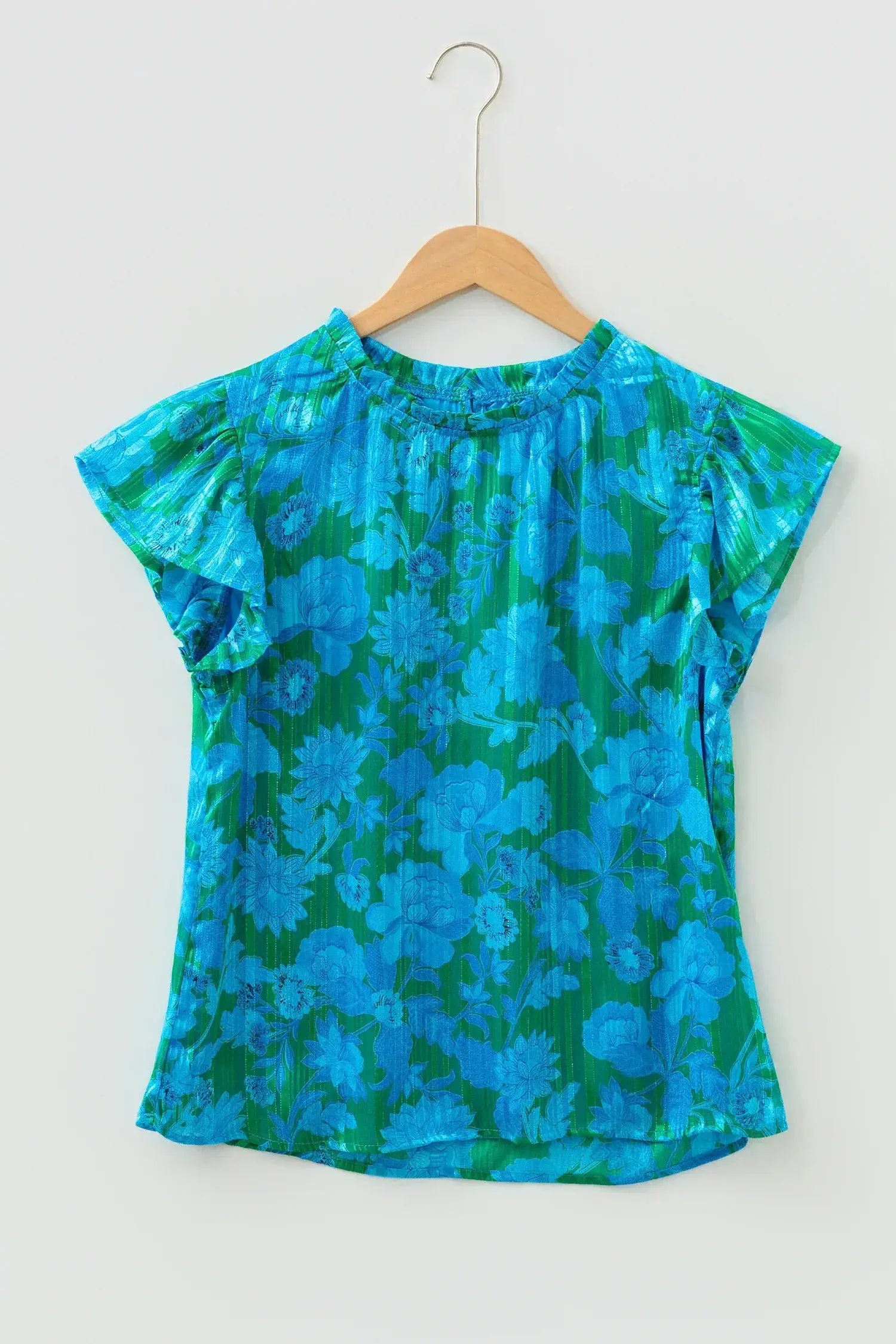 Green Floral Print Ruffled Sleeve Summer Blouse - Sweet Fashion Wholesale