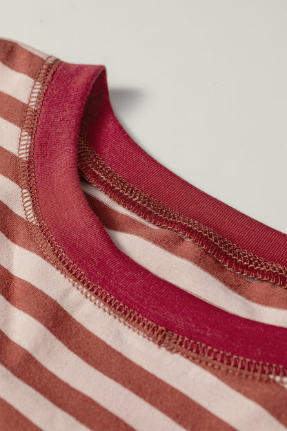 Brown Stripe Relaxed Long Sleeve Top Contrast Elastic Waistband Short Set