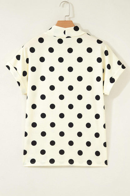 Beige Polka Dot Print High Neck Dolman Top
